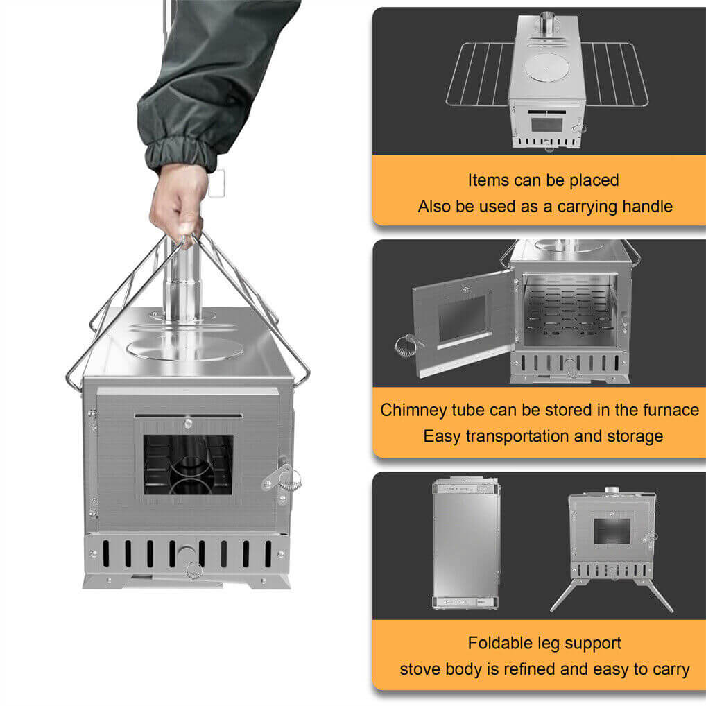Stainless Steel Wood Burner Stove for Camping with Chimney & Carry Bag
