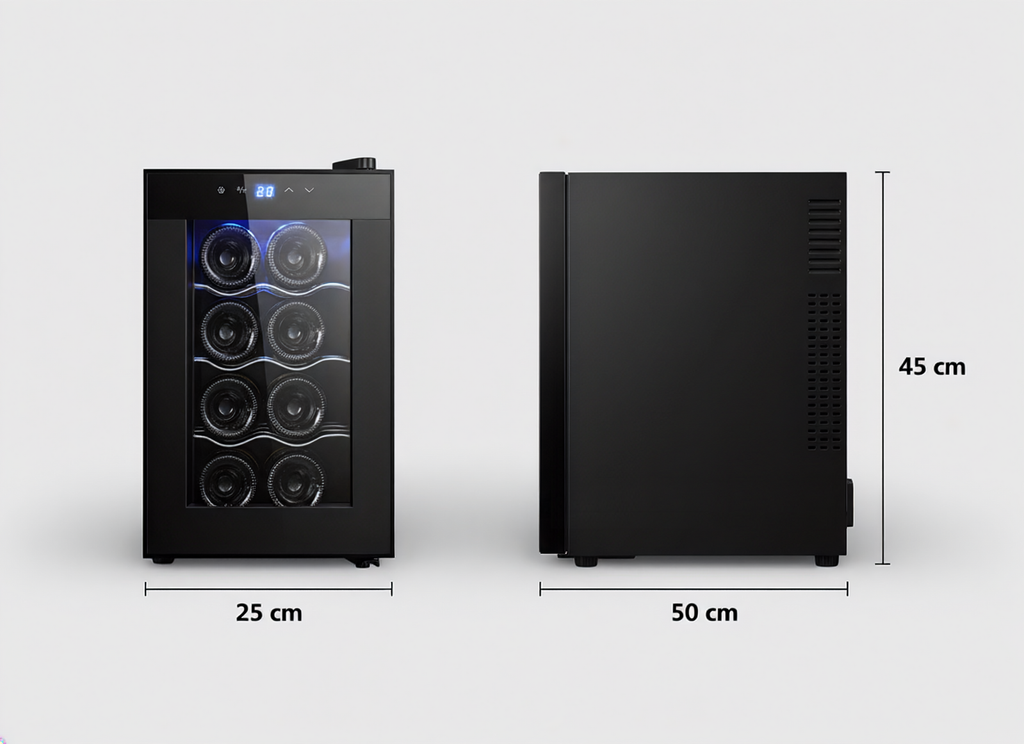 8 Bottle Thermoelectric Wine Fridge, 65W, UV Protected Glass Door, Soft LED Illumination