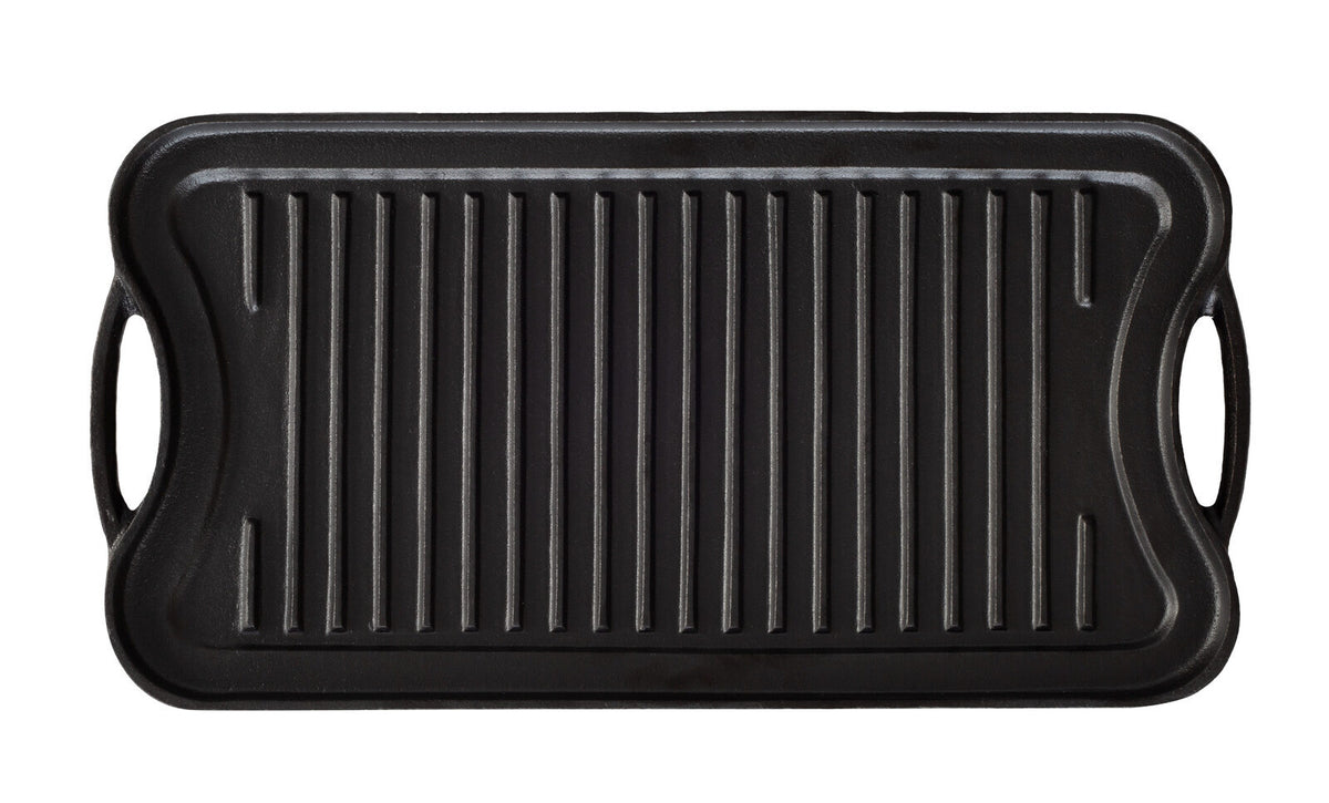 Oil-seasoned Ready to use 50.7x25.8cm Reversible Cast Iron Grill - Black - Flavour Fushion Cooking Shop