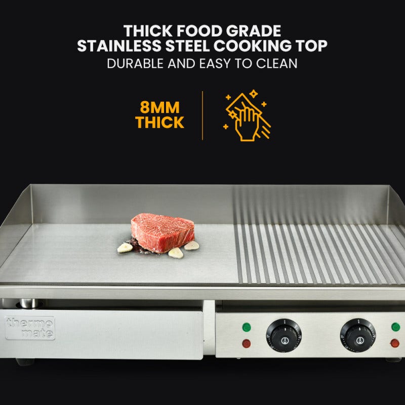 THERMOMATE Commercial Electric Griddle TH-G06, 4400W 73x40cm Half Ribbed Dual Surface