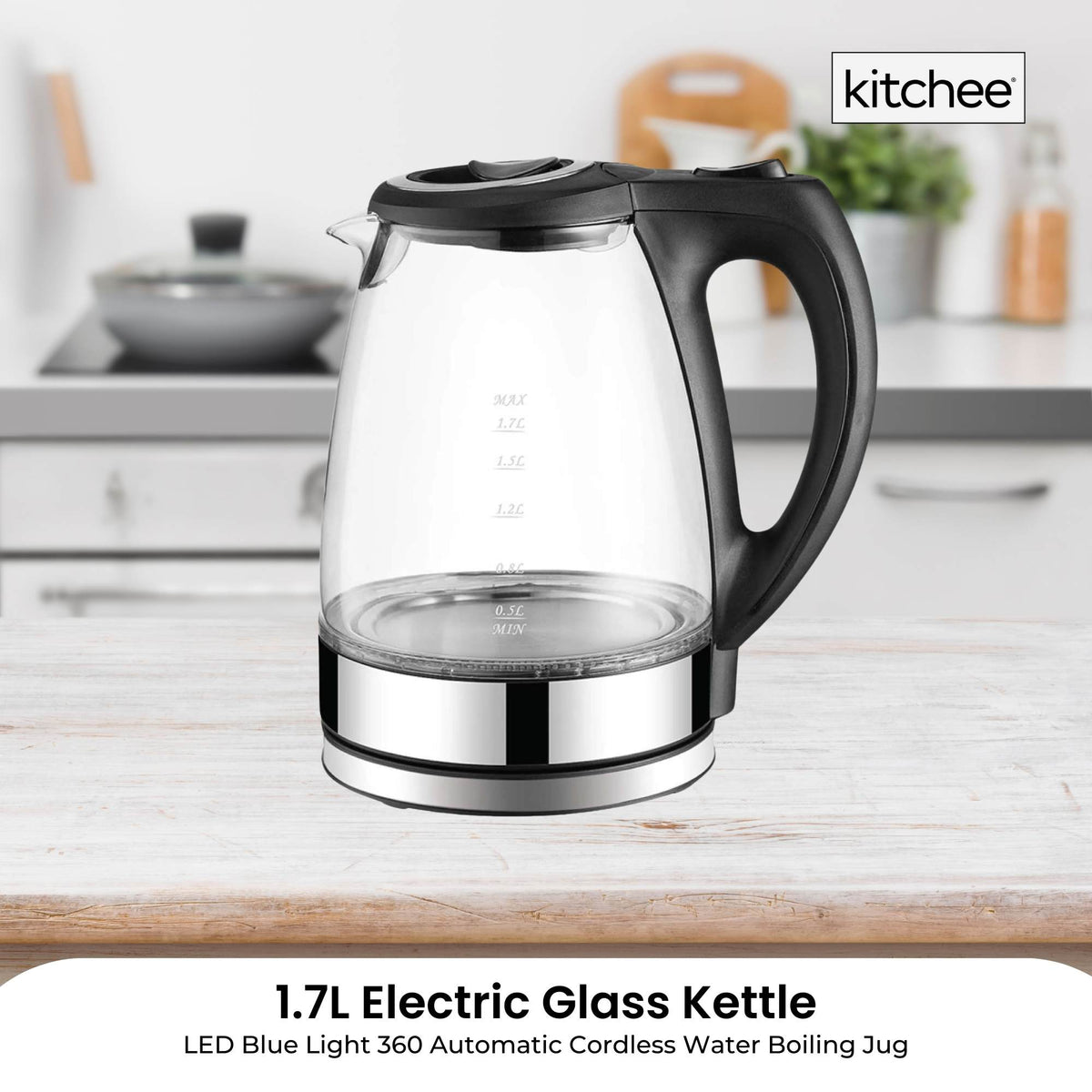 Kitchee 1.7L Glass Electric Kettle LED Light Cordless 360 Water Boiling Jug - Flavour Fushion Cooking Shop