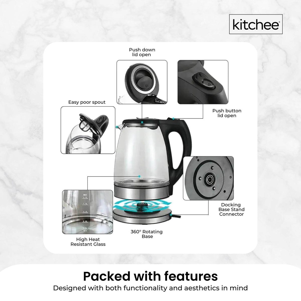 Kitchee 1.7L Glass Electric Kettle LED Light Cordless 360 Water Boiling Jug - Flavour Fushion Cooking Shop