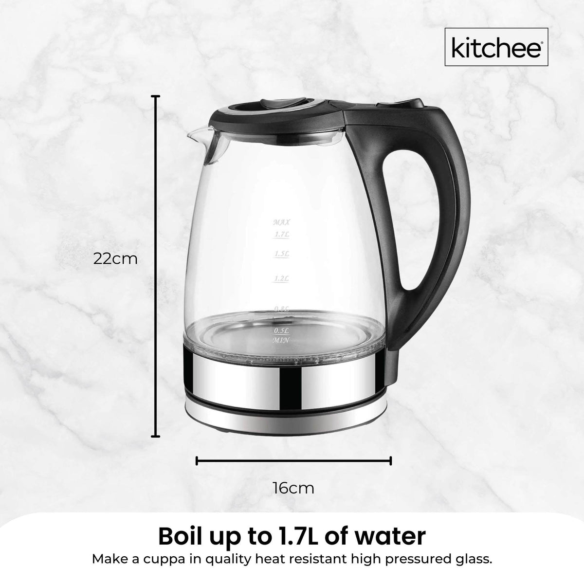 Kitchee 1.7L Glass Electric Kettle LED Light Cordless 360 Water Boiling Jug - Flavour Fushion Cooking Shop