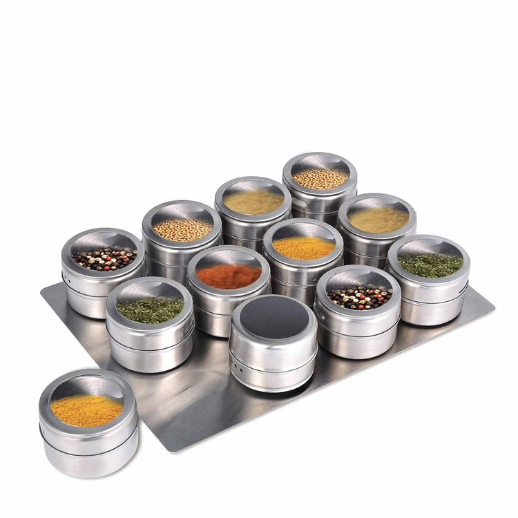 12 Magnetic Spice Jar Tins and Steel Plate - 150g Seasoning Storage Containers - Flavour Fushion Cooking Shop