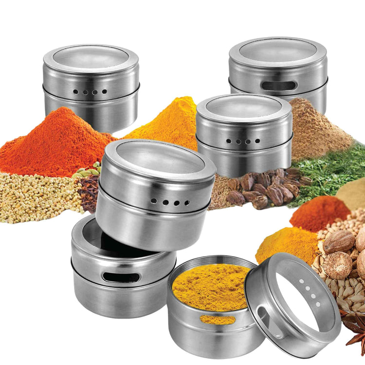 12 Magnetic Spice Jar Tins and Steel Plate - 150g Seasoning Storage Containers - Flavour Fushion Cooking Shop