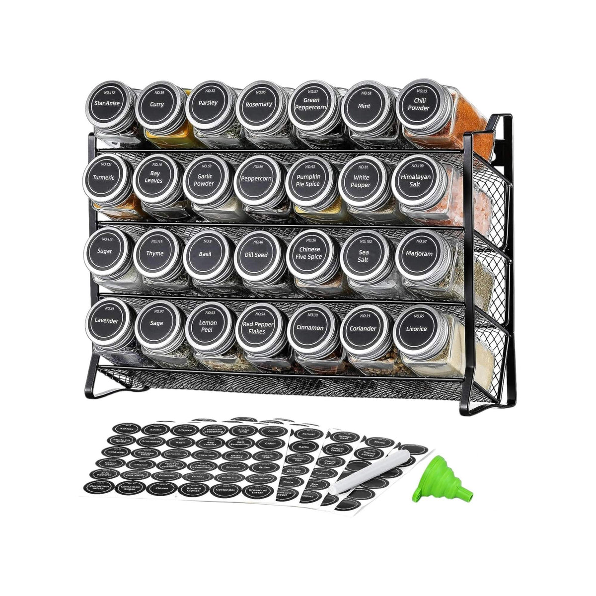 4 Tier Metal Spice Rack + 28 Glass Jars - Kitchen Pantry Herb Storage Organiser - Flavour Fushion Cooking Shop