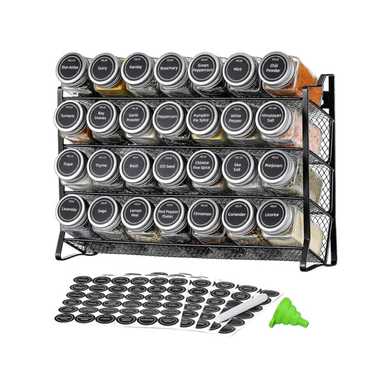 4 Tier Metal Spice Rack + 28 Glass Jars - Kitchen Pantry Herb Storage Organiser - Flavour Fushion Cooking Shop