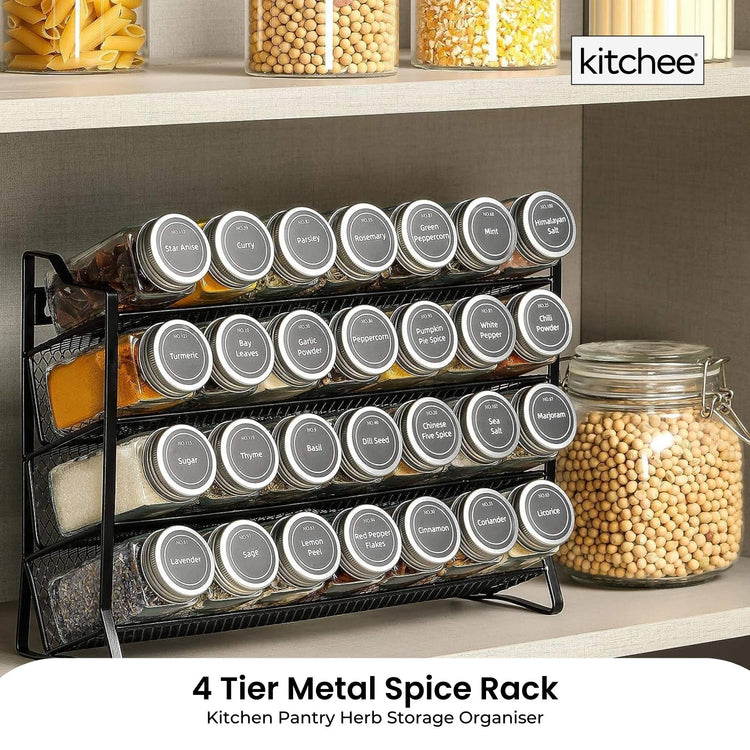 4 Tier Metal Spice Rack + 28 Glass Jars - Kitchen Pantry Herb Storage Organiser - Flavour Fushion Cooking Shop