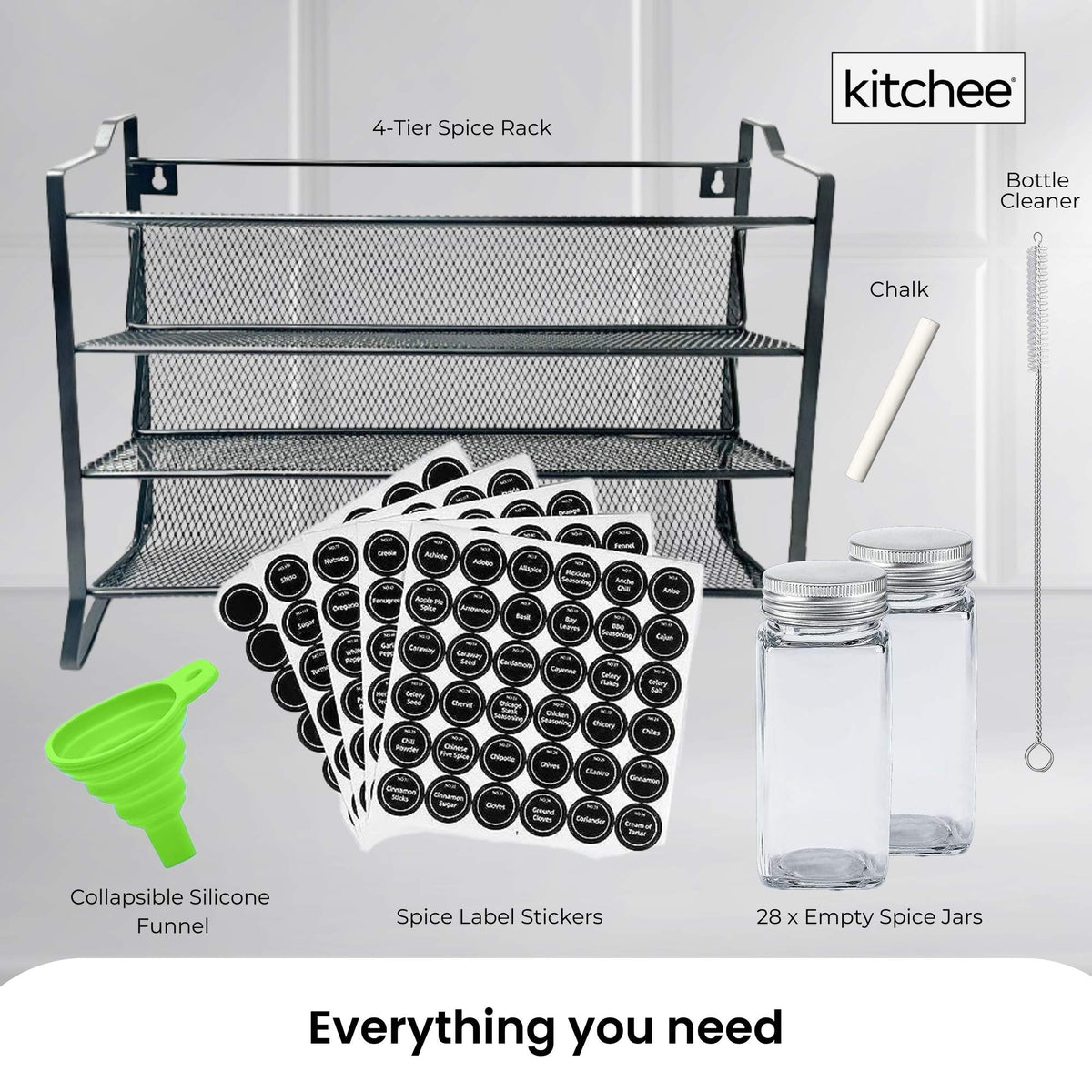 4 Tier Metal Spice Rack + 28 Glass Jars - Kitchen Pantry Herb Storage Organiser - Flavour Fushion Cooking Shop