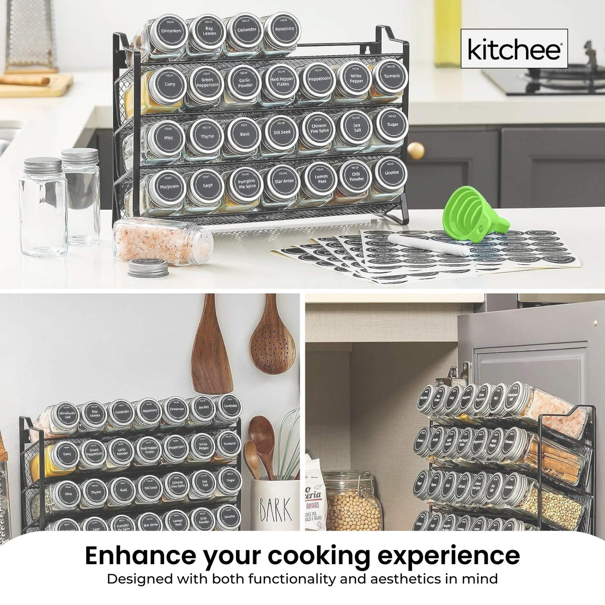 4 Tier Metal Spice Rack + 28 Glass Jars - Kitchen Pantry Herb Storage Organiser - Flavour Fushion Cooking Shop