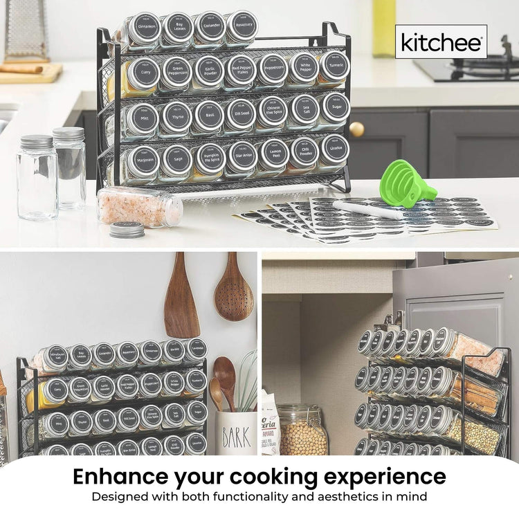 4 Tier Metal Spice Rack + 28 Glass Jars - Kitchen Pantry Herb Storage Organiser - Flavour Fushion Cooking Shop