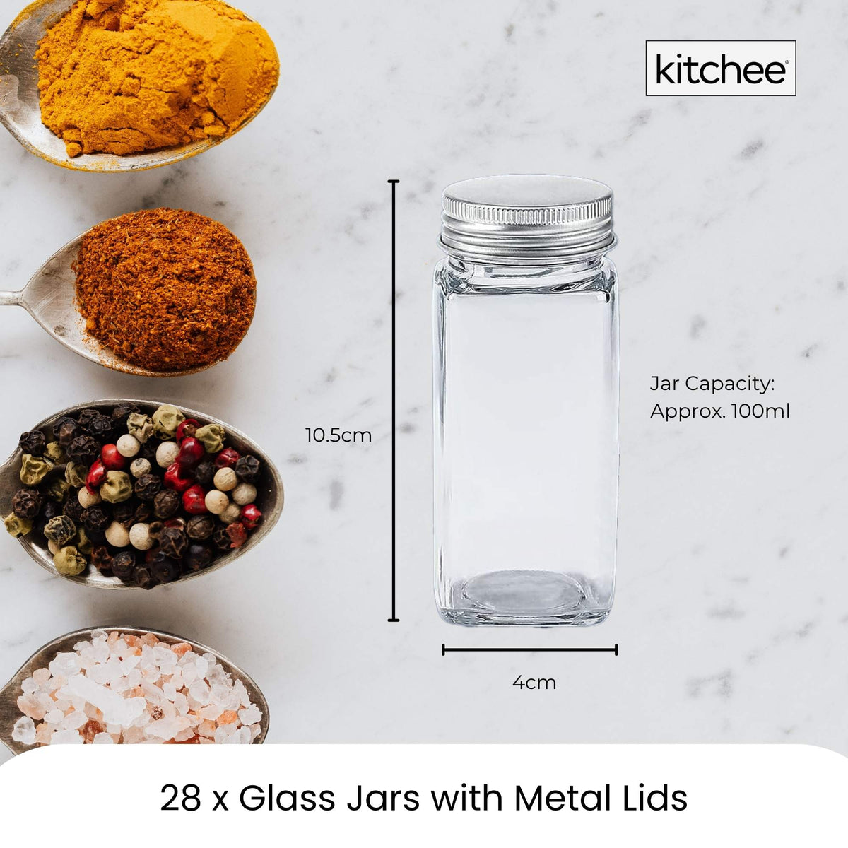 4 Tier Metal Spice Rack + 28 Glass Jars - Kitchen Pantry Herb Storage Organiser - Flavour Fushion Cooking Shop