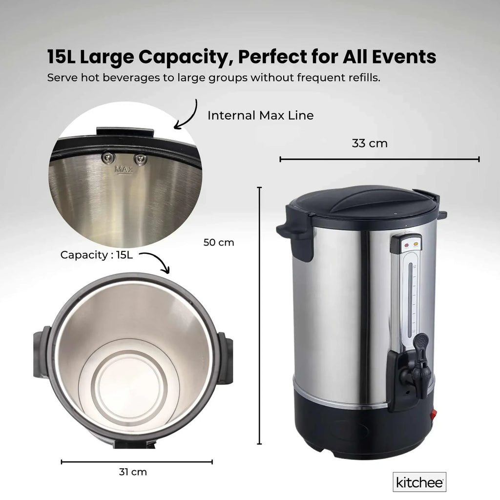 Kitchee 15L Electric Water Boiler - Stainless Steel Commercial Hot Liquid Urn