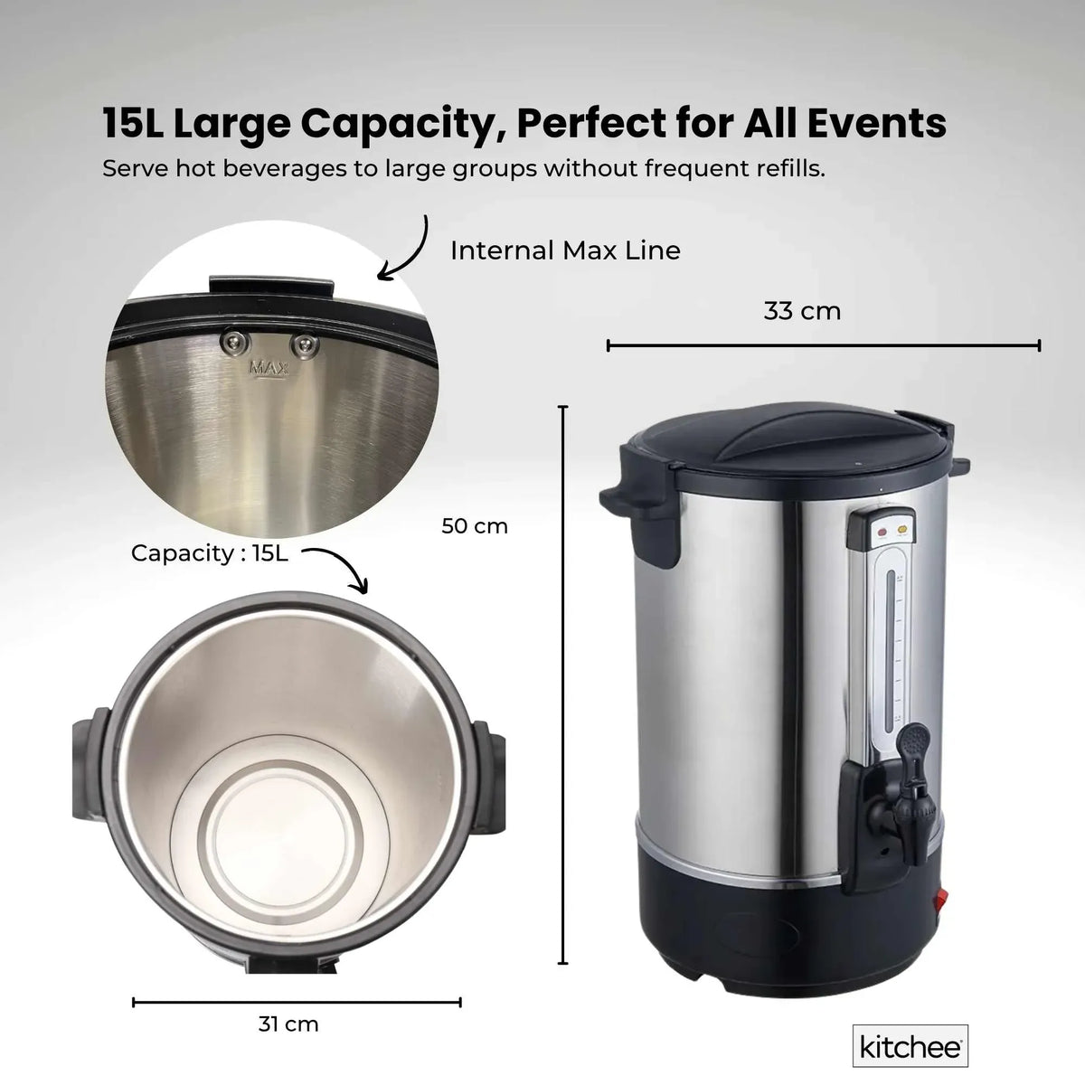 Kitchee 15L Electric Water Boiler - Stainless Steel Commercial Hot Liquid Urn - Flavour Fushion Cooking Shop