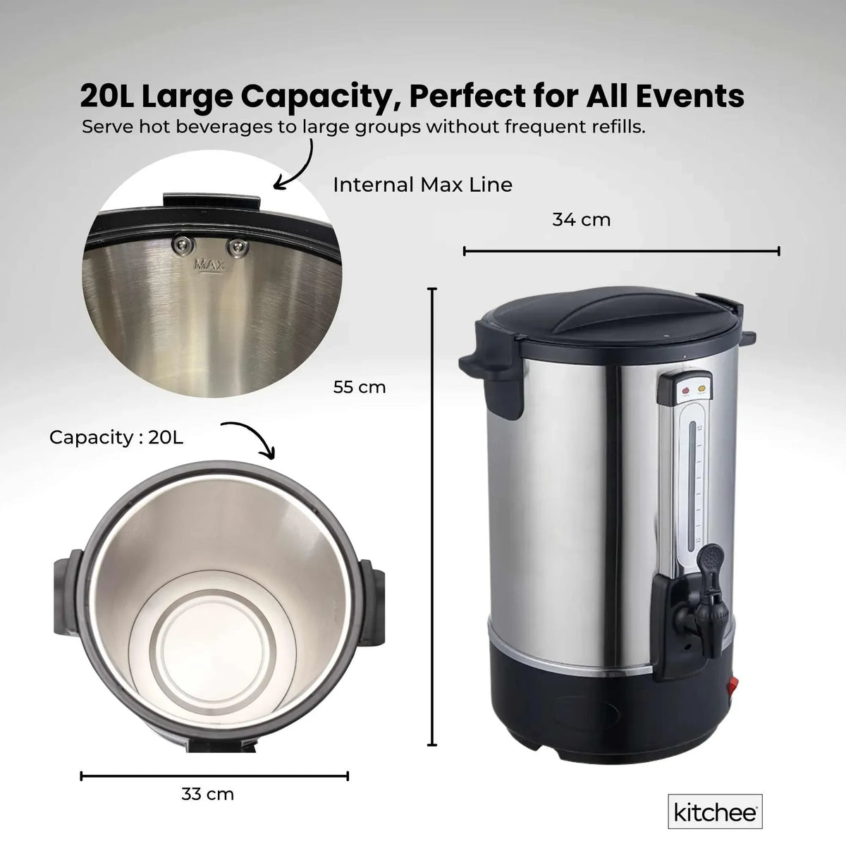 Kitchee 20L Electric Water Boiler - Stainless Steel Commercial Hot Liquid Urn - Flavour Fushion Cooking Shop