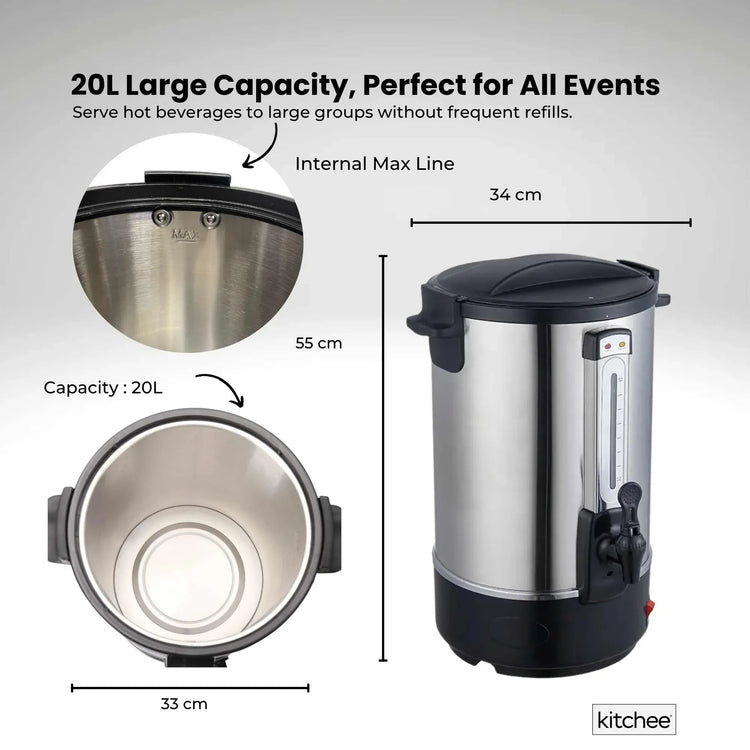 Kitchee 20L Electric Water Boiler - Stainless Steel Commercial Hot Liquid Urn - Flavour Fushion Cooking Shop