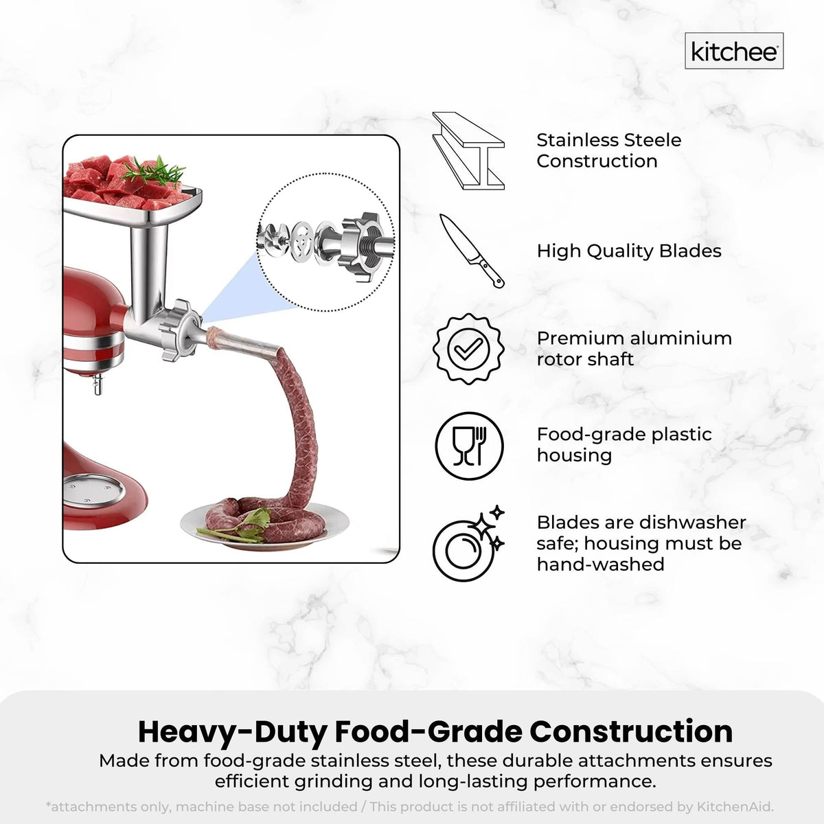Kitchee Meat Food Grinder Sausage Attachment - Compatible with KitchenAid Mixers - Flavour Fushion Cooking Shop
