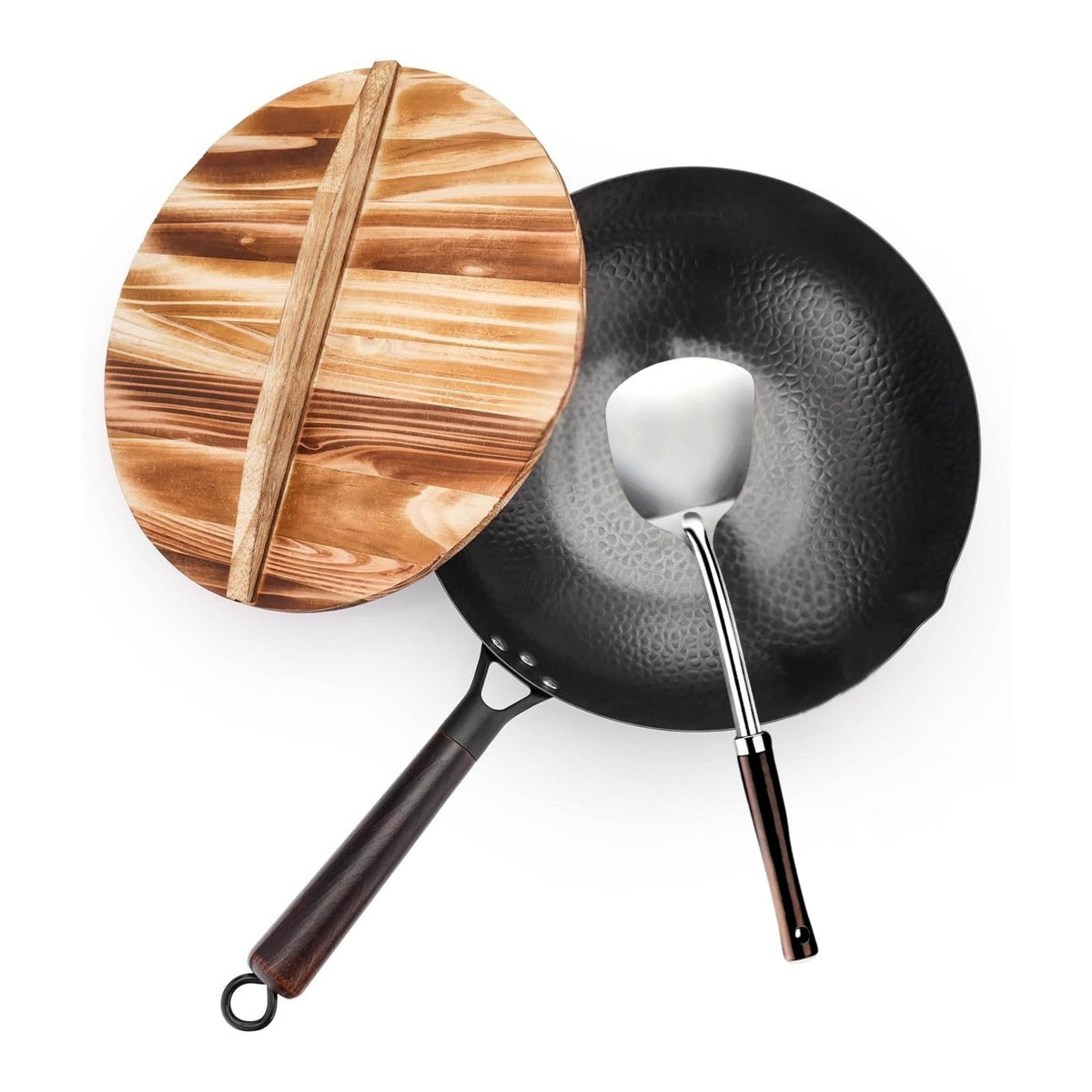 Kitchee 32cm Carbon Steel Wok Set Flat Bottom with Wood Lid + Spatula - Induction Ready - Flavour Fushion Cooking Shop