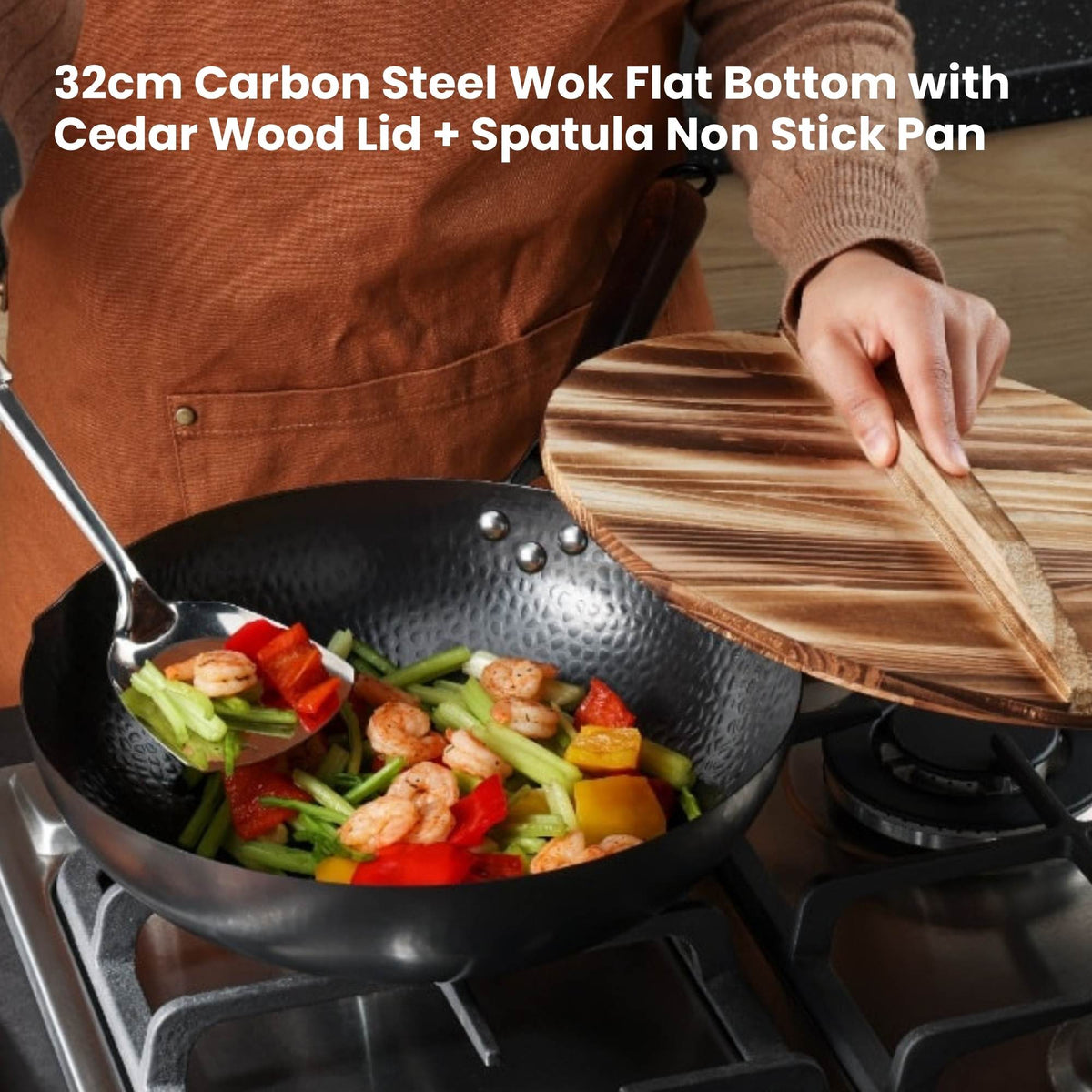 Kitchee 32cm Carbon Steel Wok Set Flat Bottom with Wood Lid + Spatula - Induction Ready - Flavour Fushion Cooking Shop