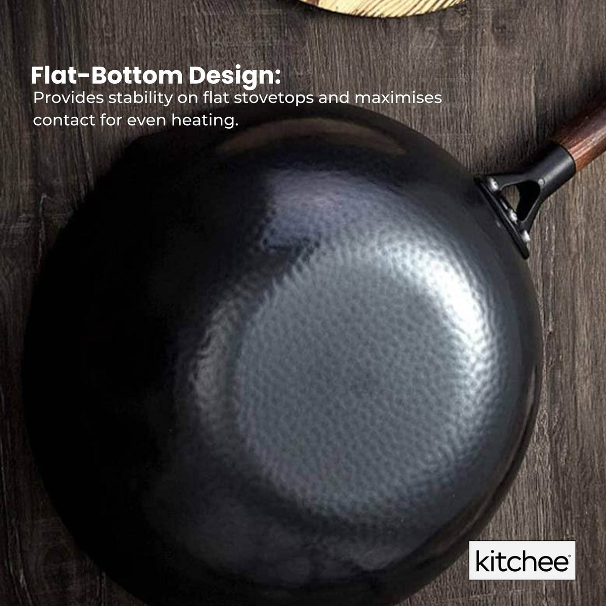Kitchee 32cm Carbon Steel Wok Set Flat Bottom with Wood Lid + Spatula - Induction Ready - Flavour Fushion Cooking Shop