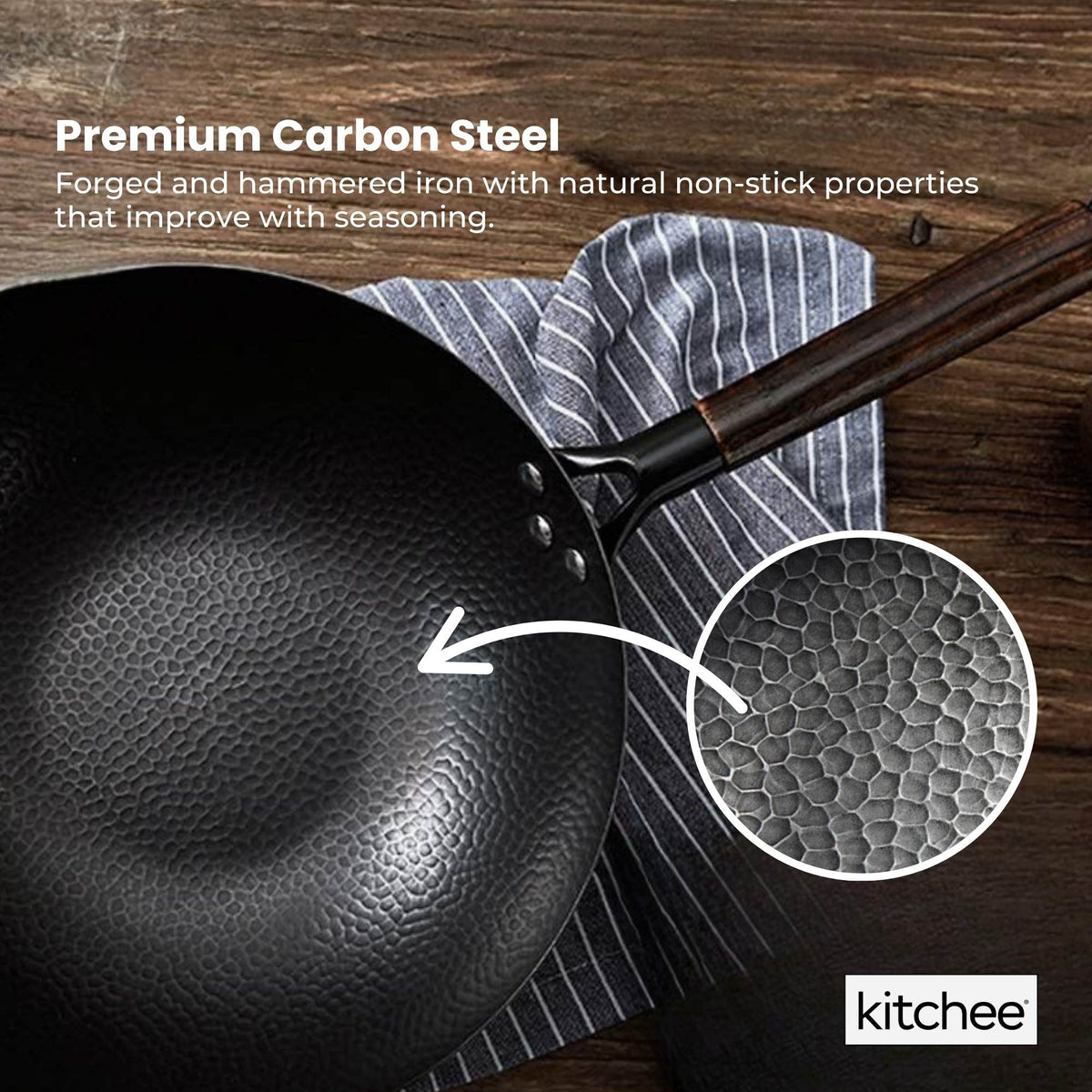 Kitchee 32cm Carbon Steel Wok Set Flat Bottom with Wood Lid + Spatula - Induction Ready - Flavour Fushion Cooking Shop