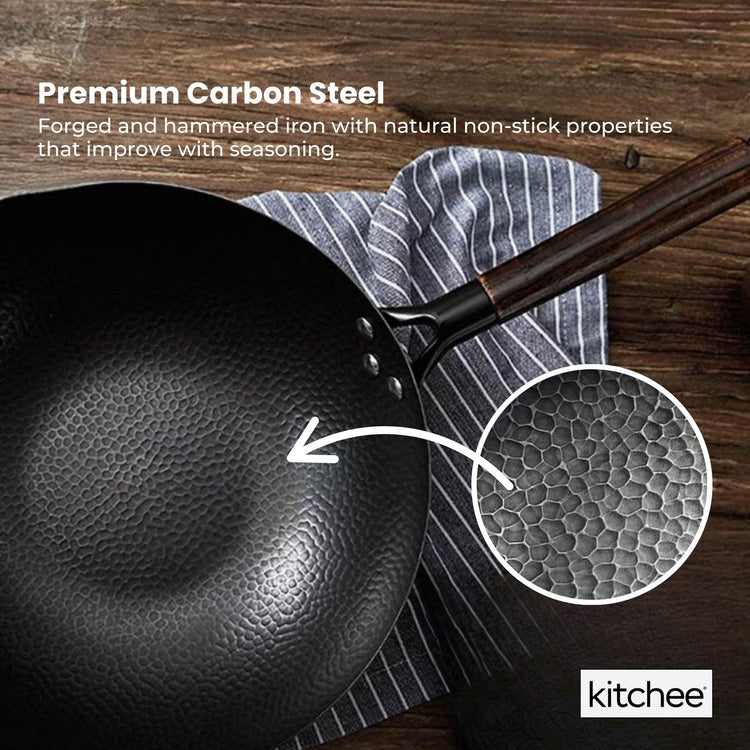 Kitchee 32cm Carbon Steel Wok Set Flat Bottom with Wood Lid + Spatula - Induction Ready - Flavour Fushion Cooking Shop