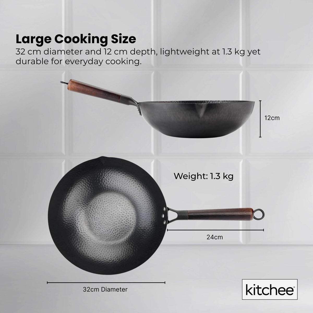Kitchee 32cm Carbon Steel Wok Set Flat Bottom with Wood Lid + Spatula - Induction Ready - Flavour Fushion Cooking Shop