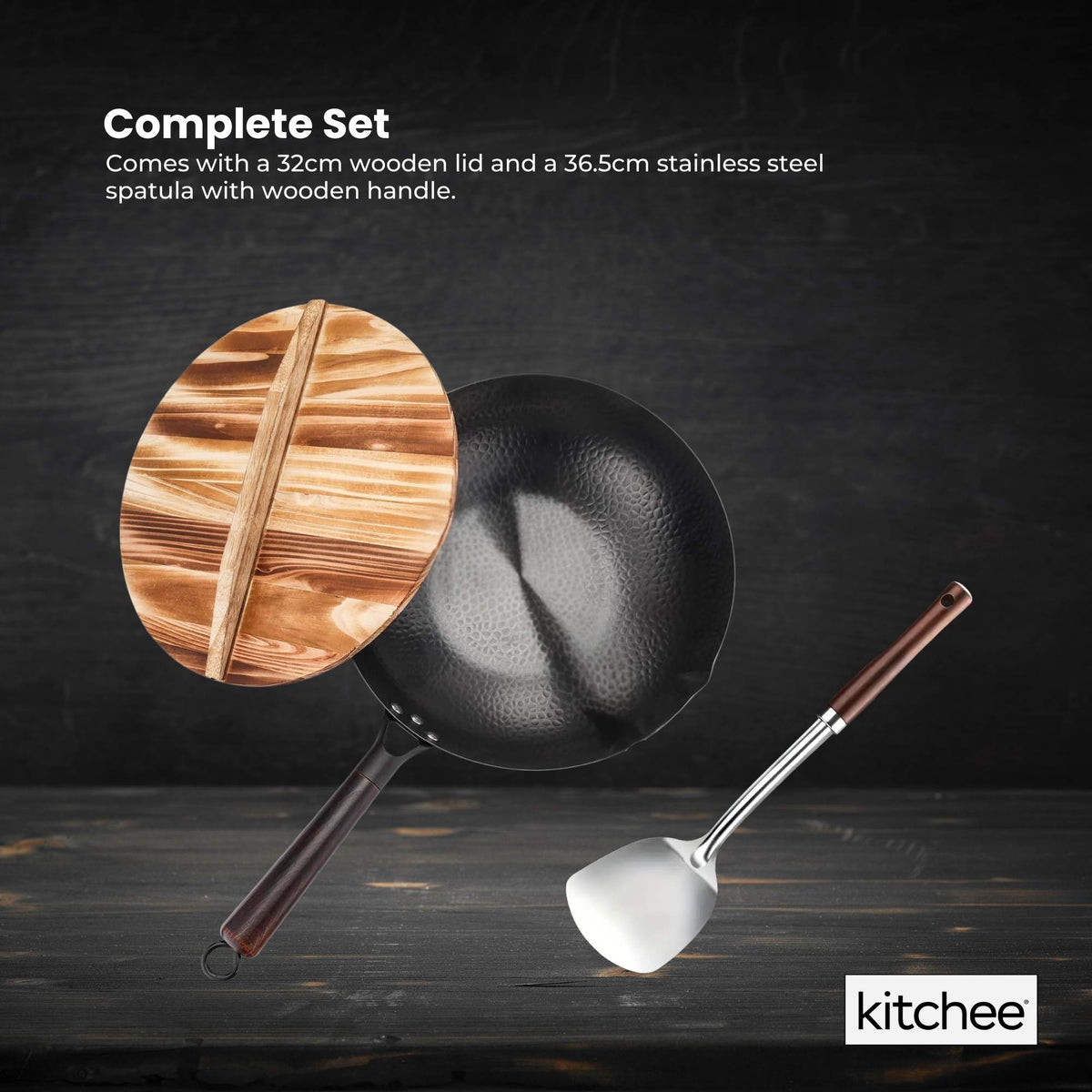 Kitchee 32cm Carbon Steel Wok Set Flat Bottom with Wood Lid + Spatula - Induction Ready - Flavour Fushion Cooking Shop