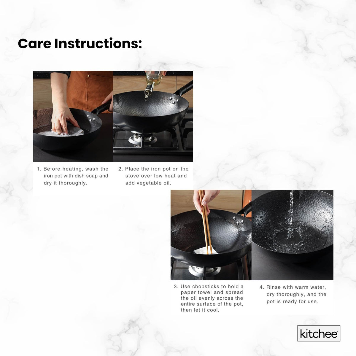 Kitchee 32cm Carbon Steel Wok Set Flat Bottom with Wood Lid + Spatula - Induction Ready - Flavour Fushion Cooking Shop