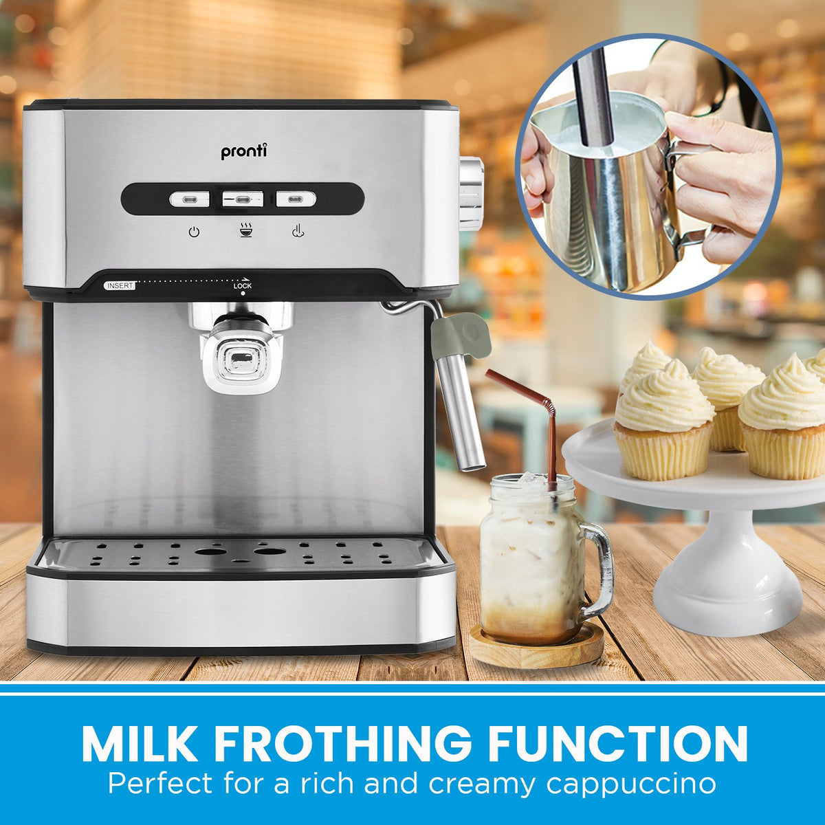 Pronti 1.6L Automatic Coffee Espresso Machine with Steam Frother - Flavour Fushion Cooking Shop