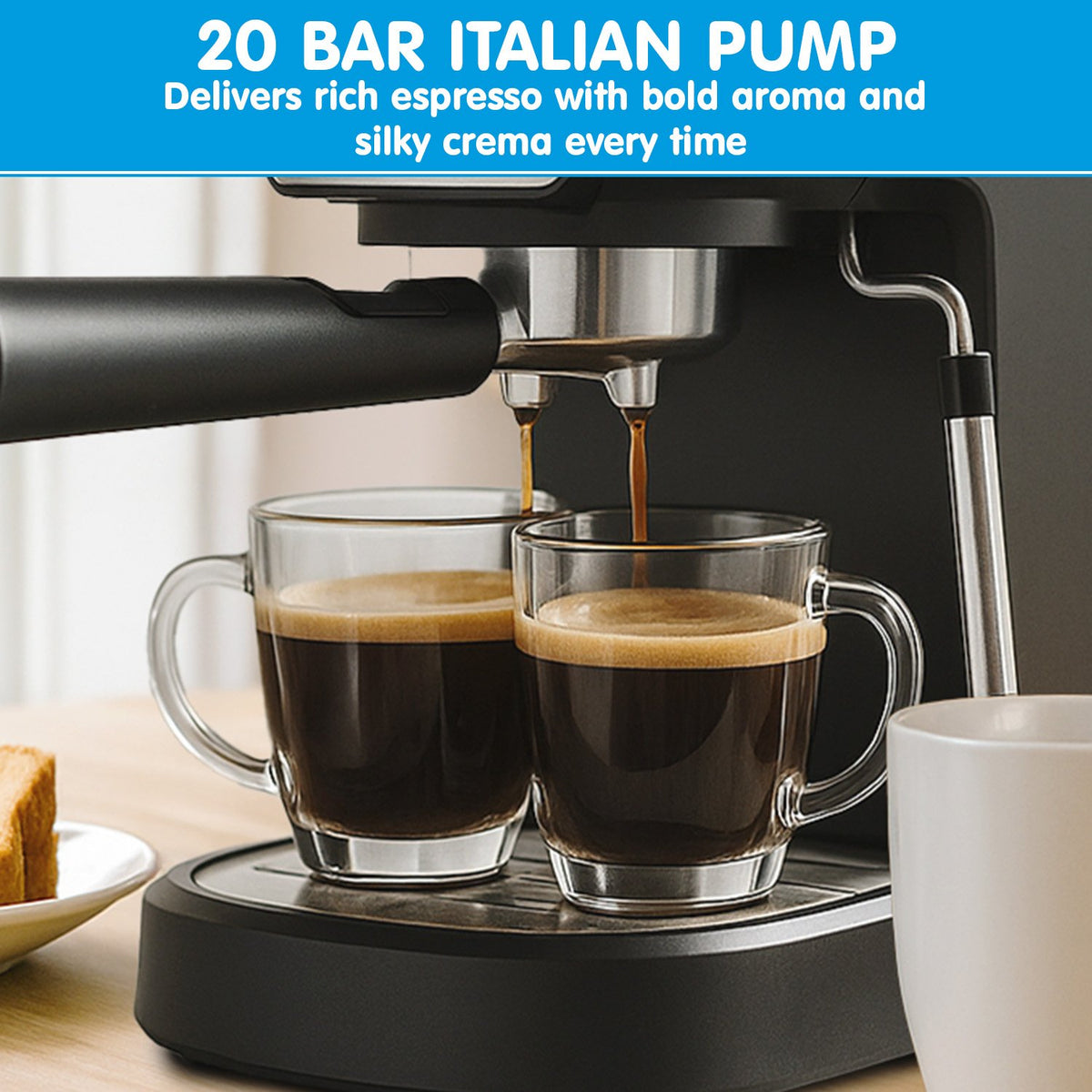 Pronti CM-850D Coffee Machine 20 Bar Espresso Maker with Milk Frother and 1.25L Tank - Flavour Fushion Cooking Shop