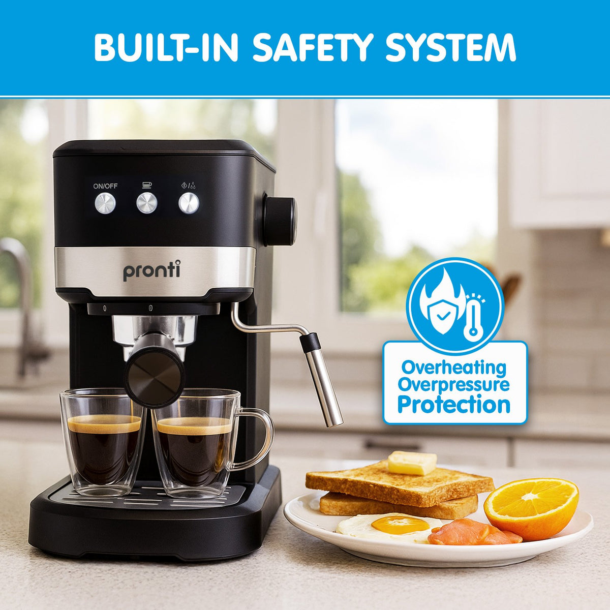 Pronti CM-850D Coffee Machine 20 Bar Espresso Maker with Milk Frother and 1.25L Tank - Flavour Fushion Cooking Shop