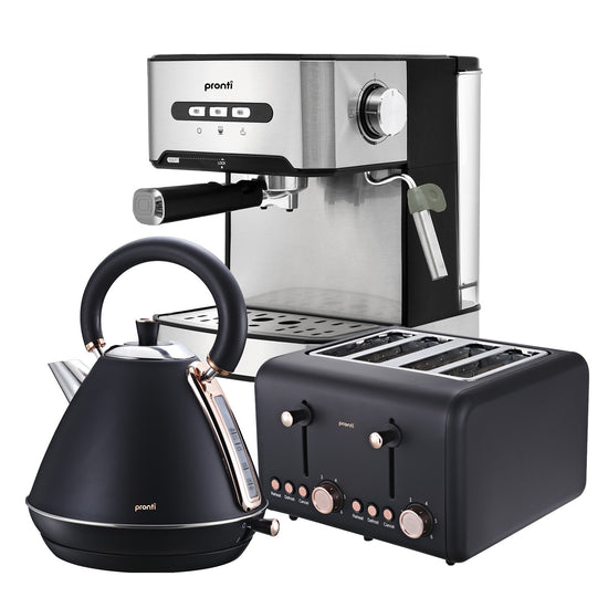 Pronti Toaster, Kettle & Coffee Machine Breakfast Set - Black - Flavour Fushion Cooking Shop