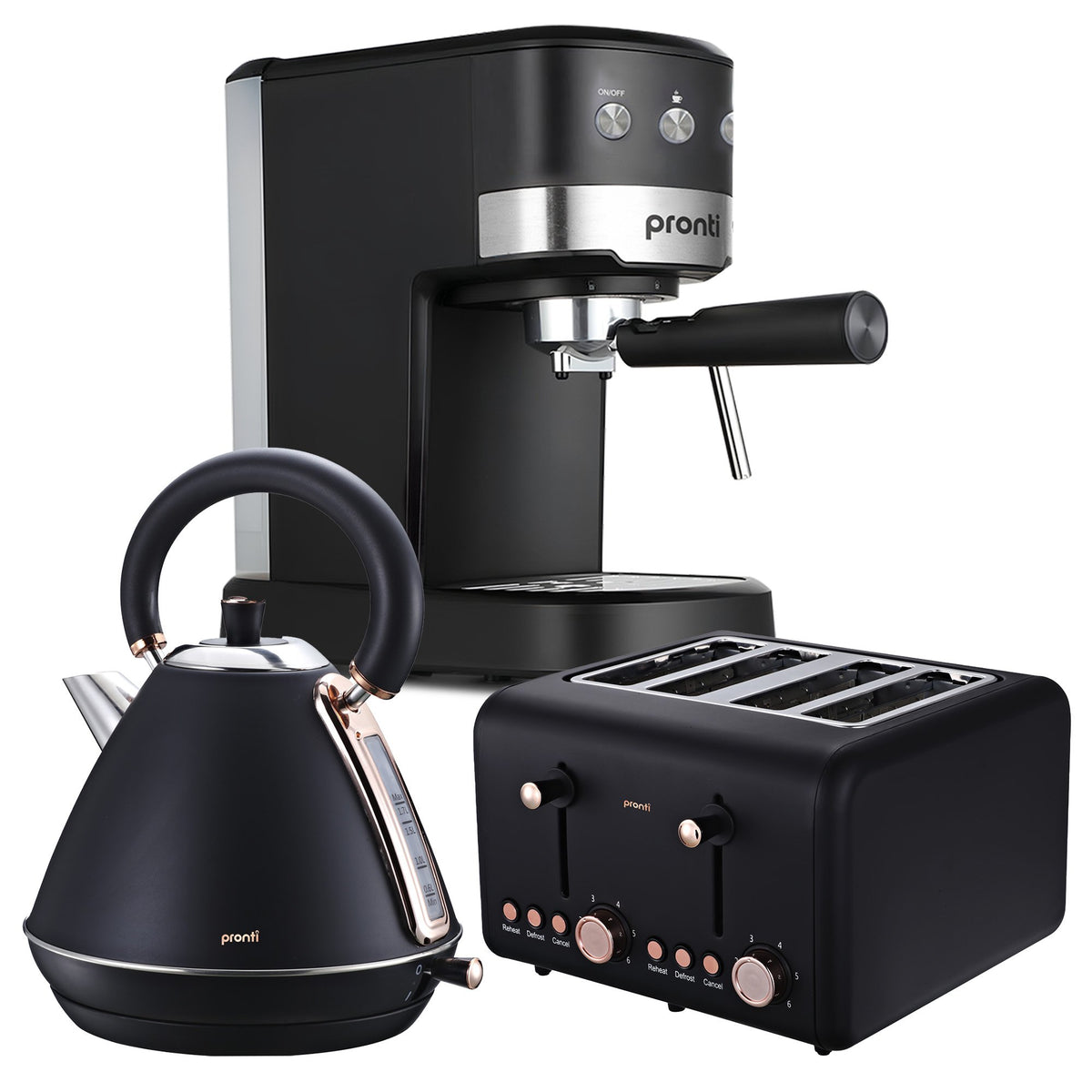 Pronti Breakfast Set with Rose Gold Kettle & Toaster with 1.2L Espresso Machine - Black - Flavour Fushion Cooking Shop