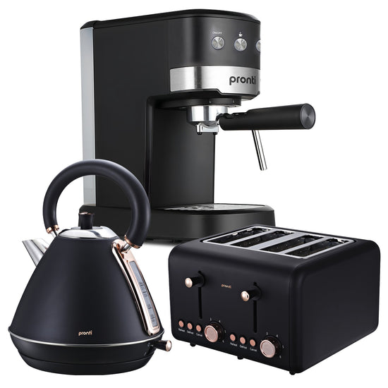 Pronti Breakfast Set with Rose Gold Kettle & Toaster with 1.2L Espresso Machine - Black - Flavour Fushion Cooking Shop