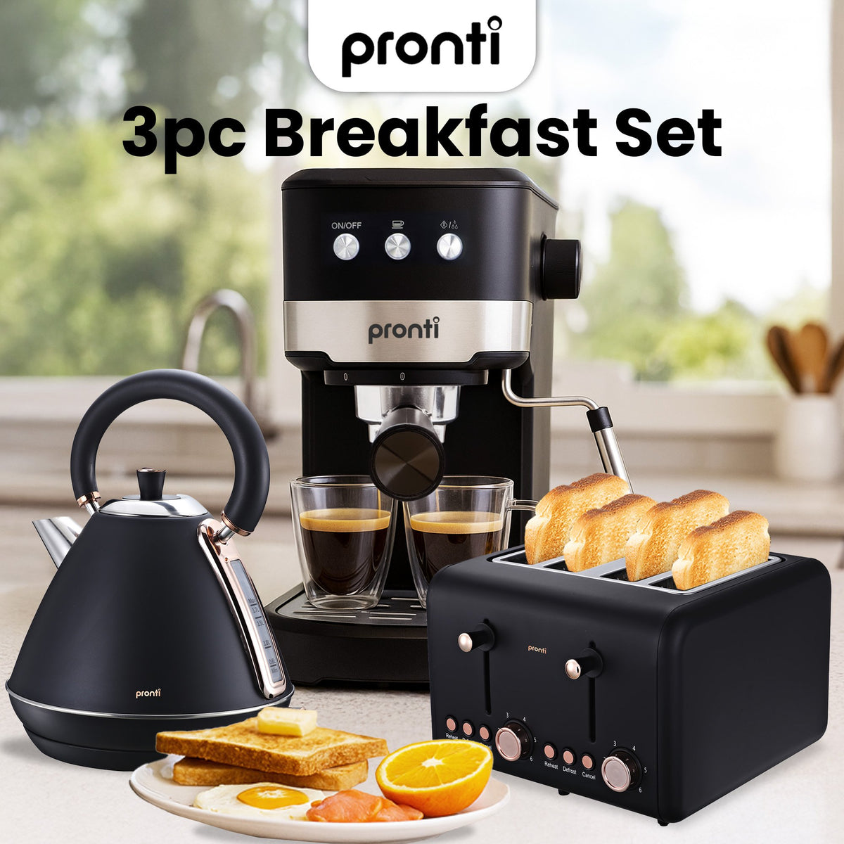 Pronti Breakfast Set with Rose Gold Kettle & Toaster with 1.2L Espresso Machine - Black - Flavour Fushion Cooking Shop