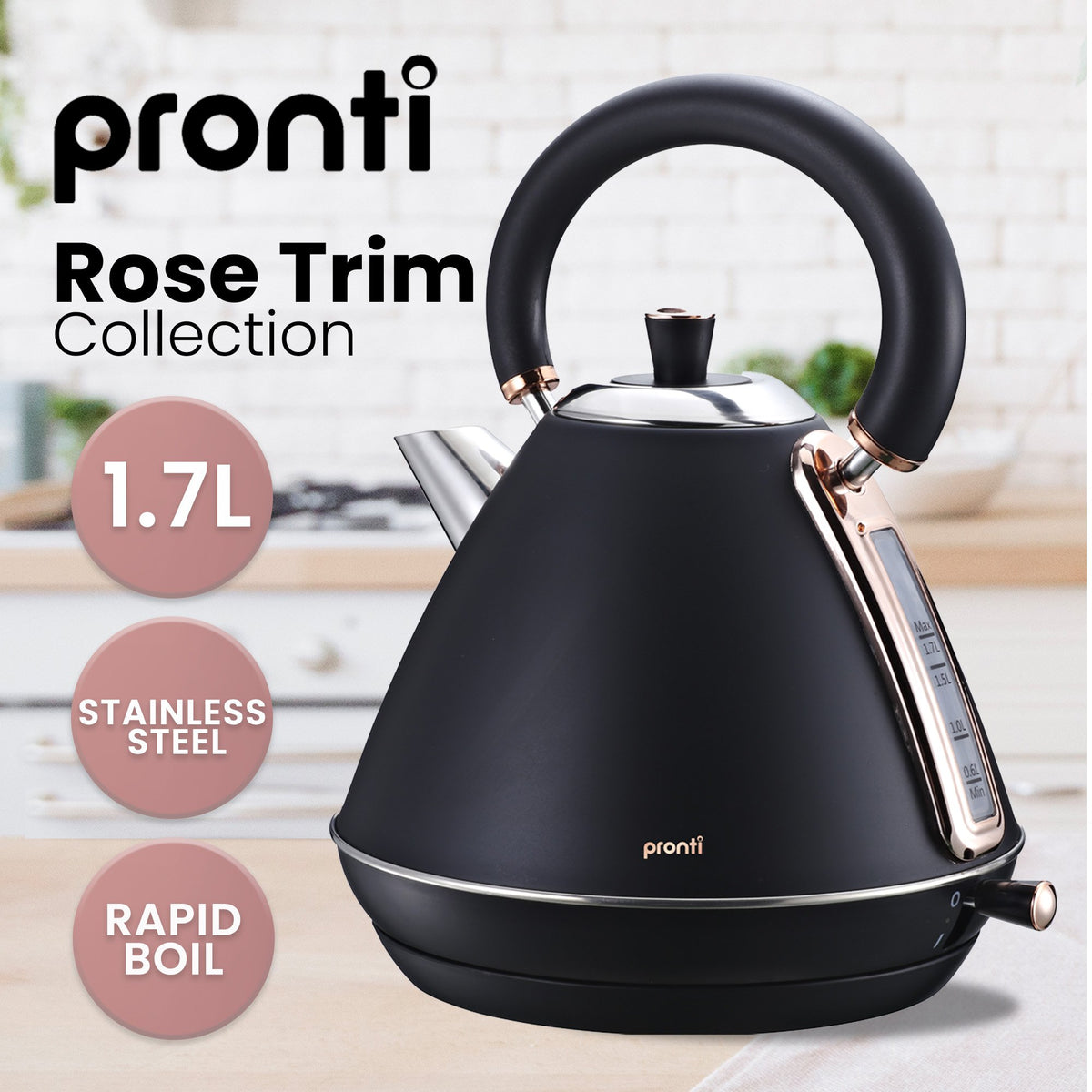 Pronti Breakfast Set with Rose Gold Kettle & Toaster with 1.2L Espresso Machine - Black - Flavour Fushion Cooking Shop