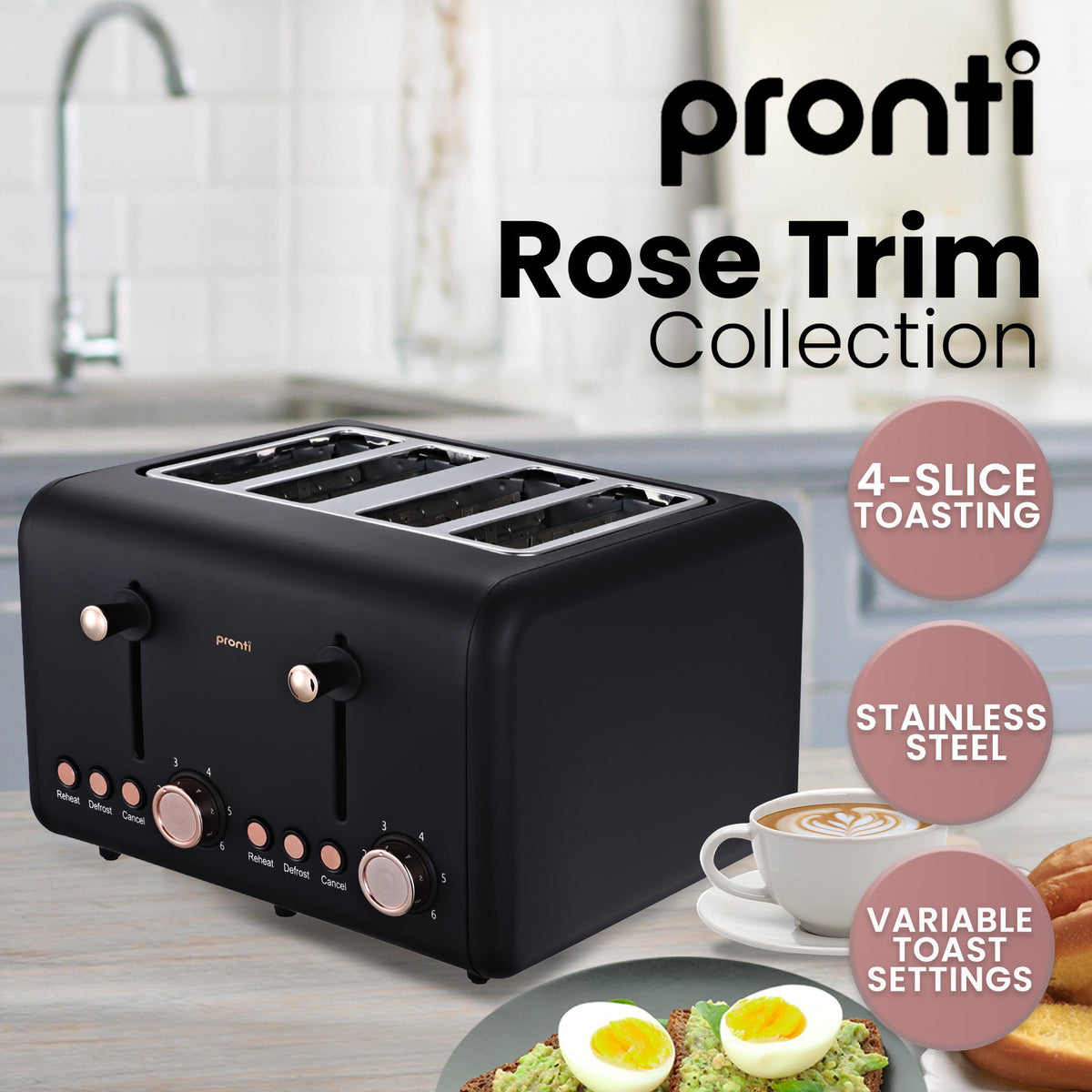 Pronti Breakfast Set with Rose Gold Kettle & Toaster with 1.2L Espresso Machine - Black - Flavour Fushion Cooking Shop