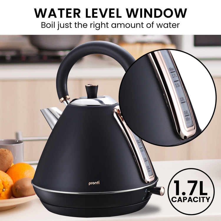 Pronti Breakfast Set with Rose Gold Kettle & Toaster with 1.2L Espresso Machine - Black - Flavour Fushion Cooking Shop