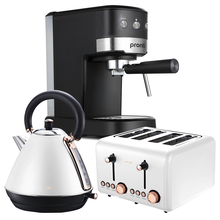 Pronti Breakfast Set with Rose Gold Kettle & Toaster with 1.2L Espresso Machine - White - Flavour Fushion Cooking Shop