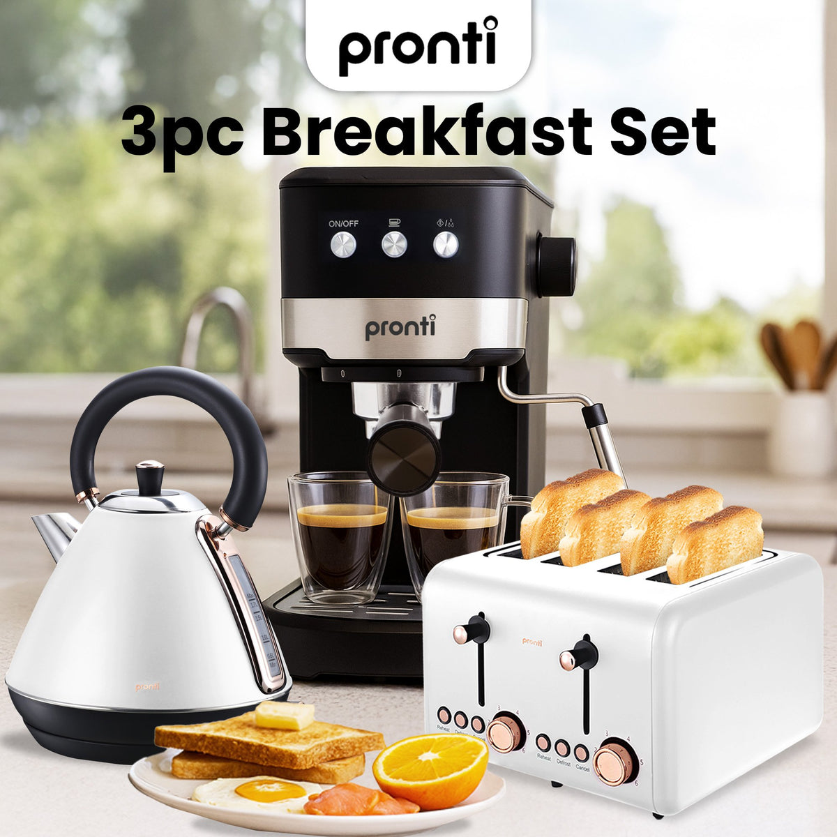 Pronti Breakfast Set with Rose Gold Kettle & Toaster with 1.2L Espresso Machine - White - Flavour Fushion Cooking Shop
