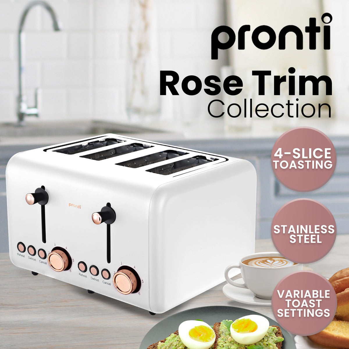 Pronti Breakfast Set with Rose Gold Kettle & Toaster with 1.2L Espresso Machine - White - Flavour Fushion Cooking Shop