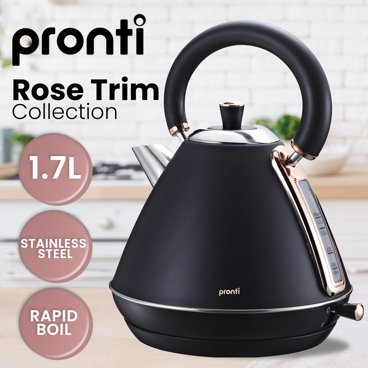 Pronti 1.7L Rose Trim Collection Kettle - Black - Flavour Fushion Cooking Shop