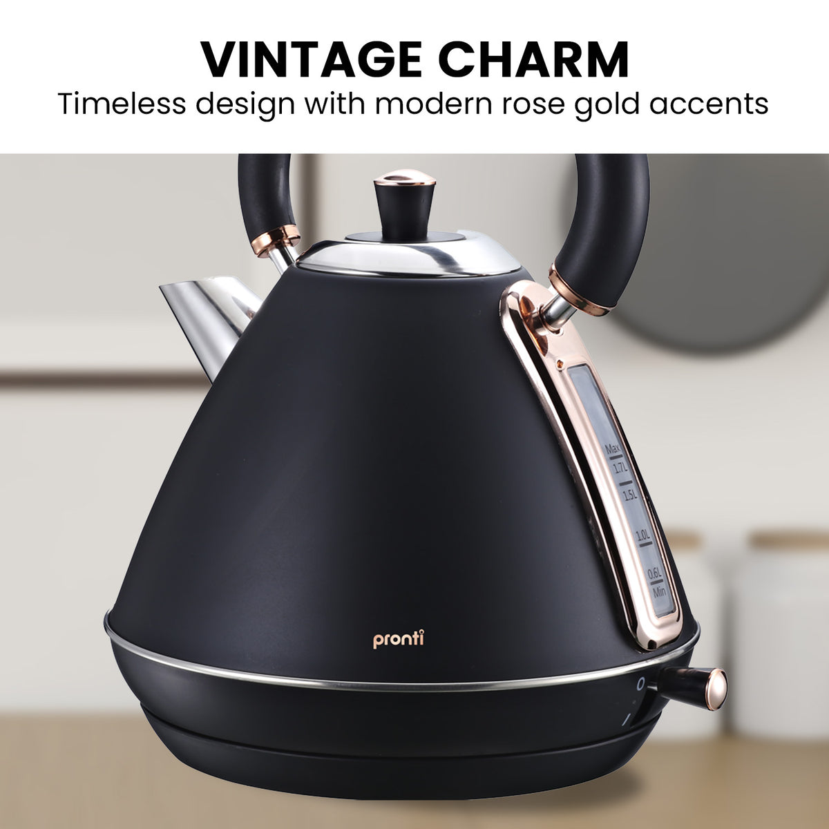 Pronti 1.7L Rose Trim Collection Kettle - Black - Flavour Fushion Cooking Shop