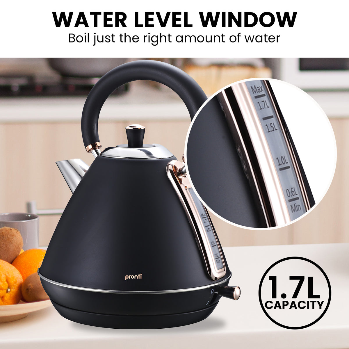 Pronti 1.7L Rose Trim Collection Kettle - Black - Flavour Fushion Cooking Shop