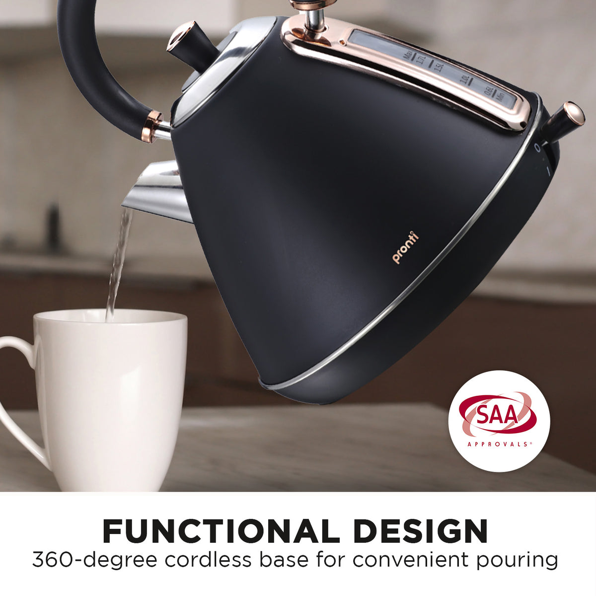 Pronti 1.7L Rose Trim Collection Kettle - Black - Flavour Fushion Cooking Shop