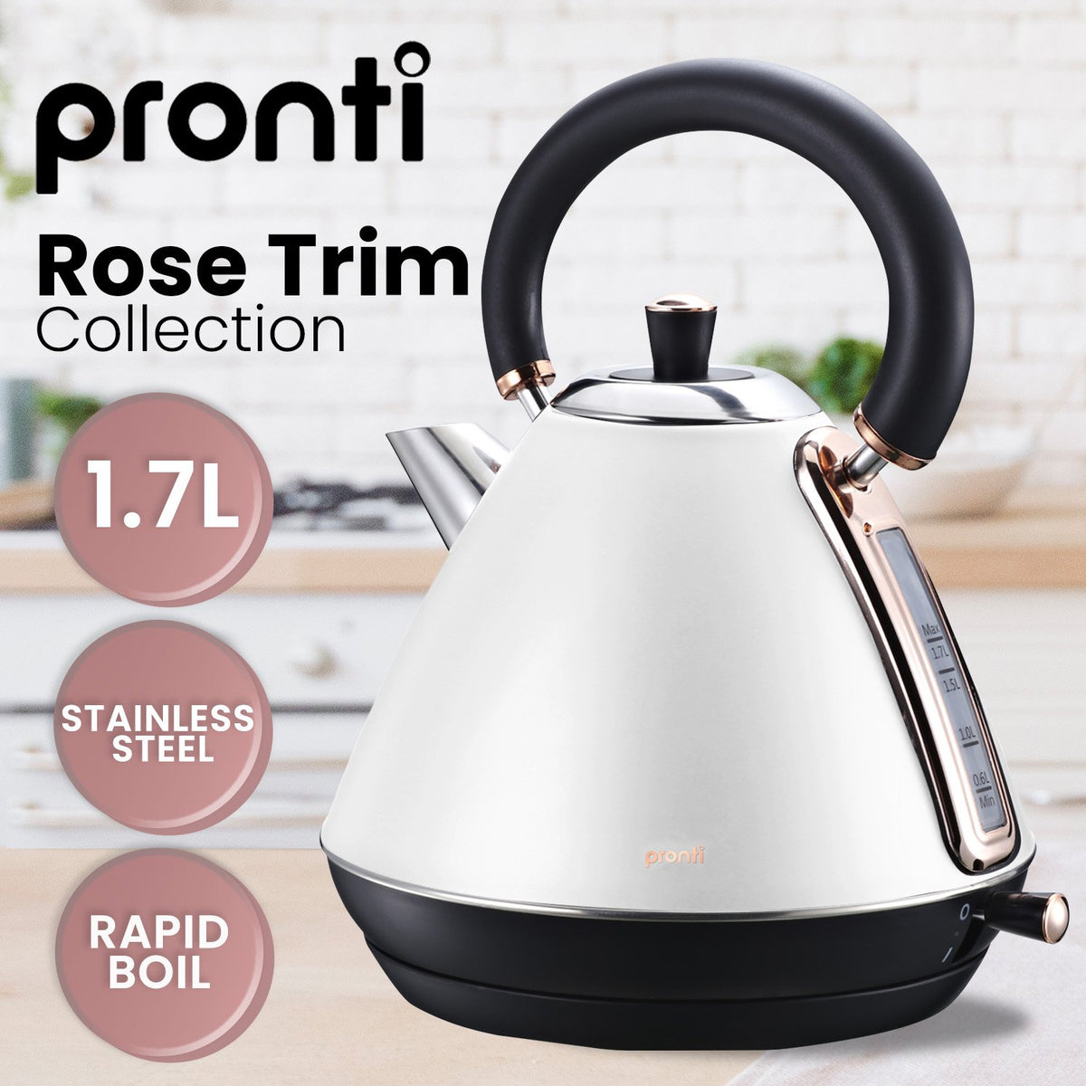 Pronti 1.7l Rose Trim Collection Kettle - White - Flavour Fushion Cooking Shop