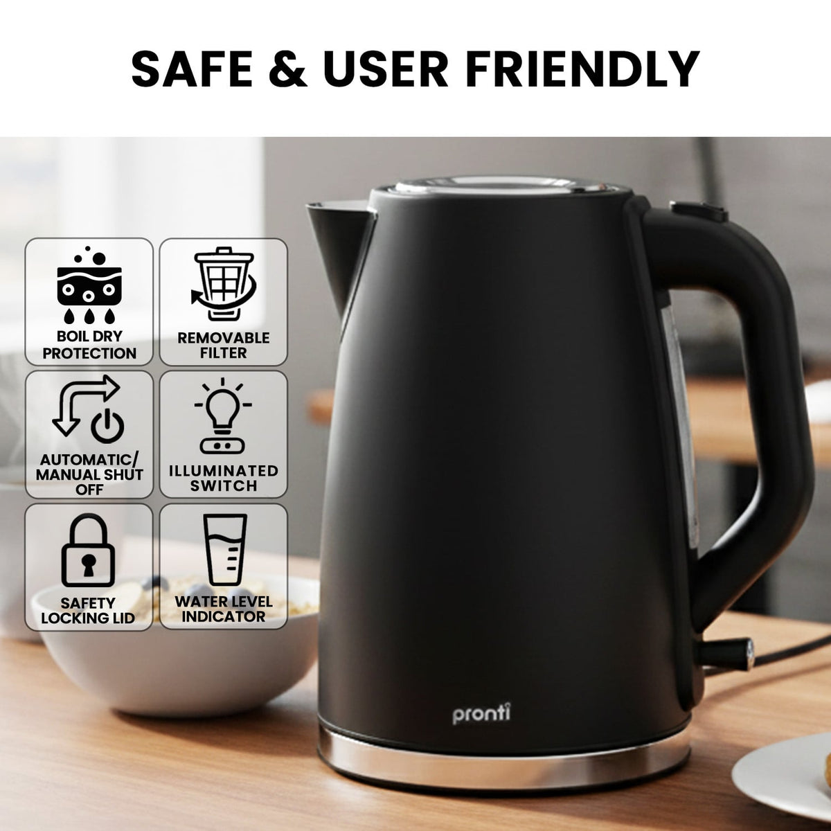 Pronti Silver Noir Collection 1.7L Electric Kettle - Flavour Fushion Cooking Shop