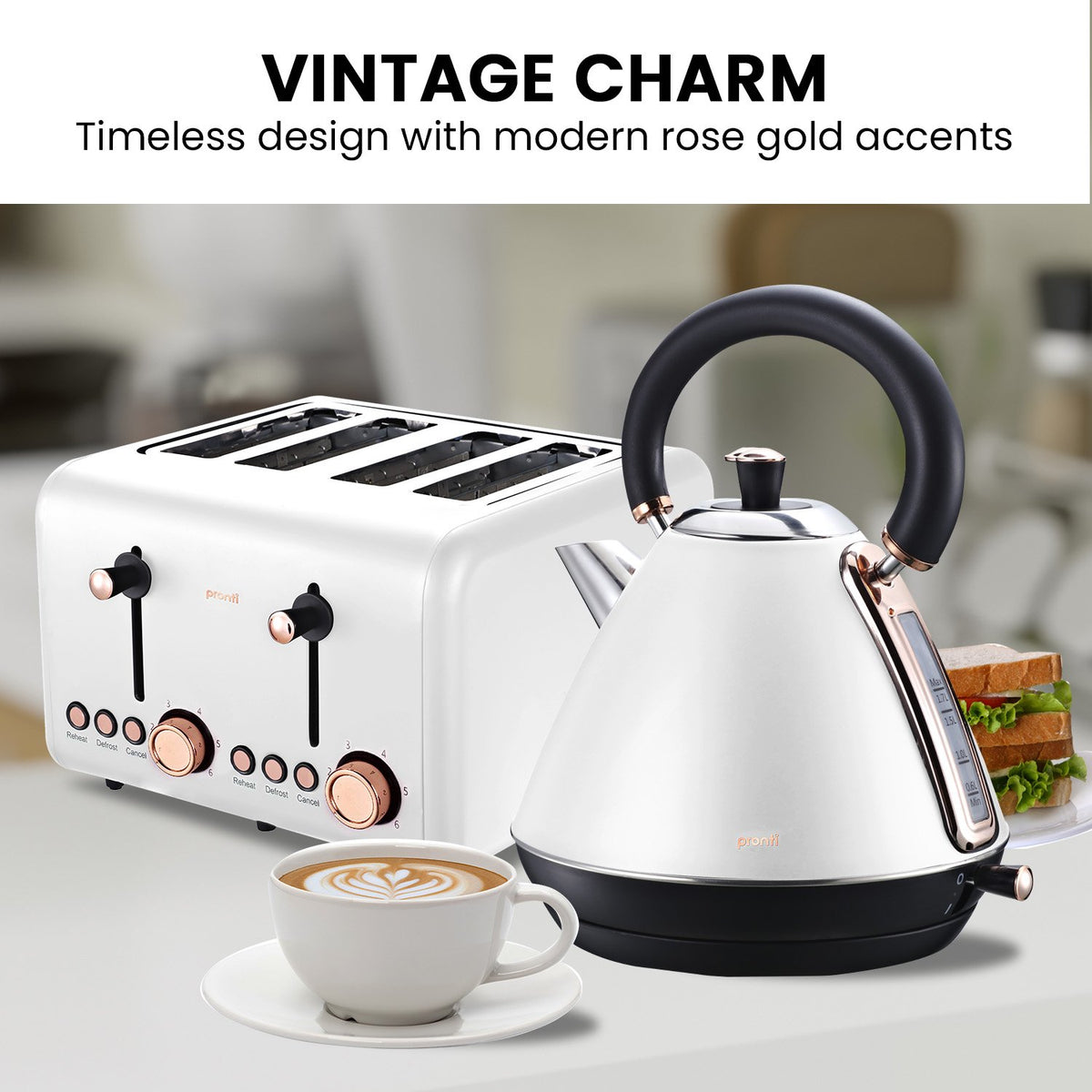 Pronti Rose Trim Collection Toaster & Kettle Bundle - White - Flavour Fushion Cooking Shop