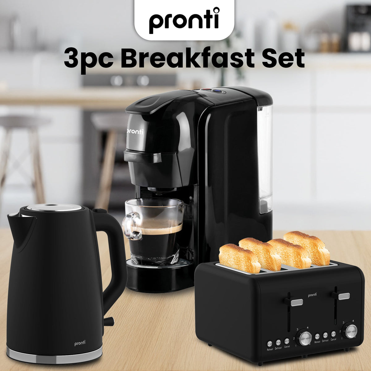 Pronti Breakfast Set with HomeMaid Coffee Machine, Silver Noir Toaster & Kettle - Flavour Fushion Cooking Shop
